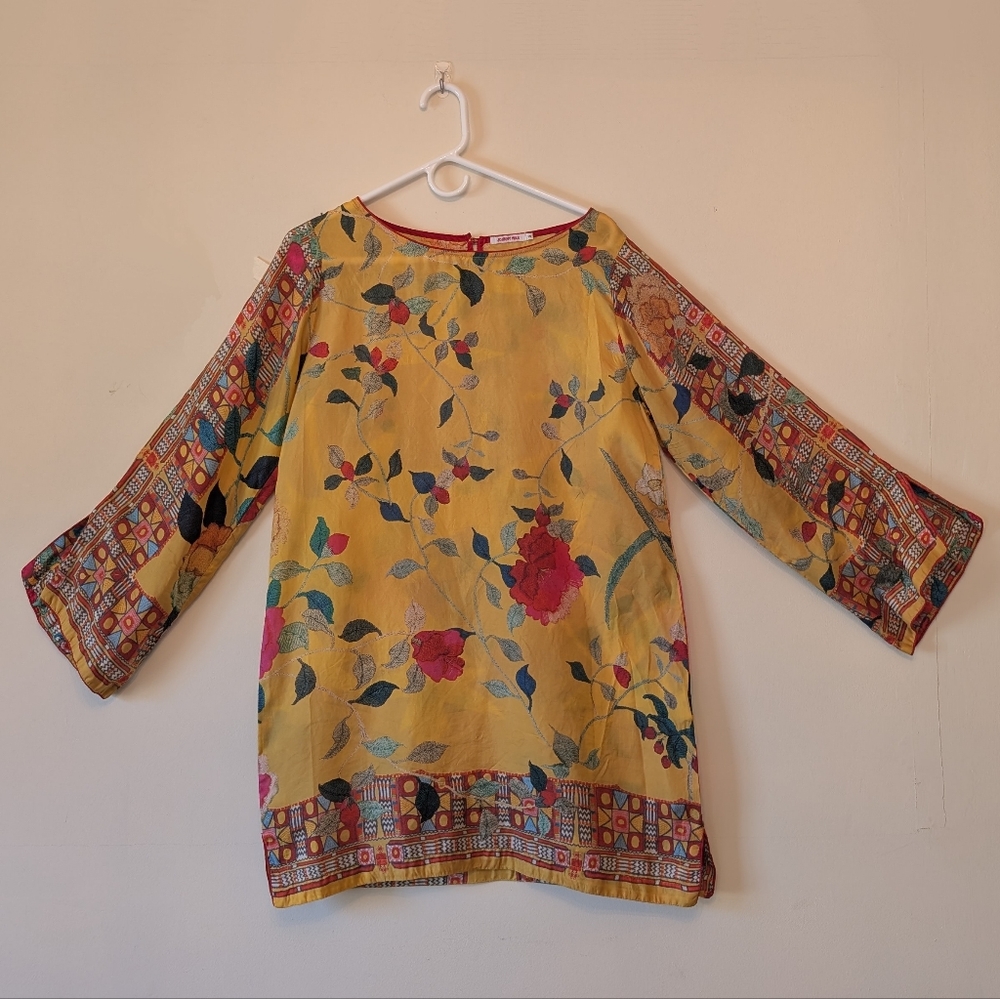 Floral Yellow Blouse with Patterned Sleeves